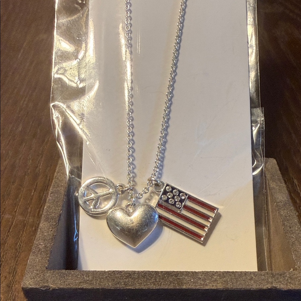 Silver Heart & American Flag Charm Necklace - Heart, Peace & Flag Pendant